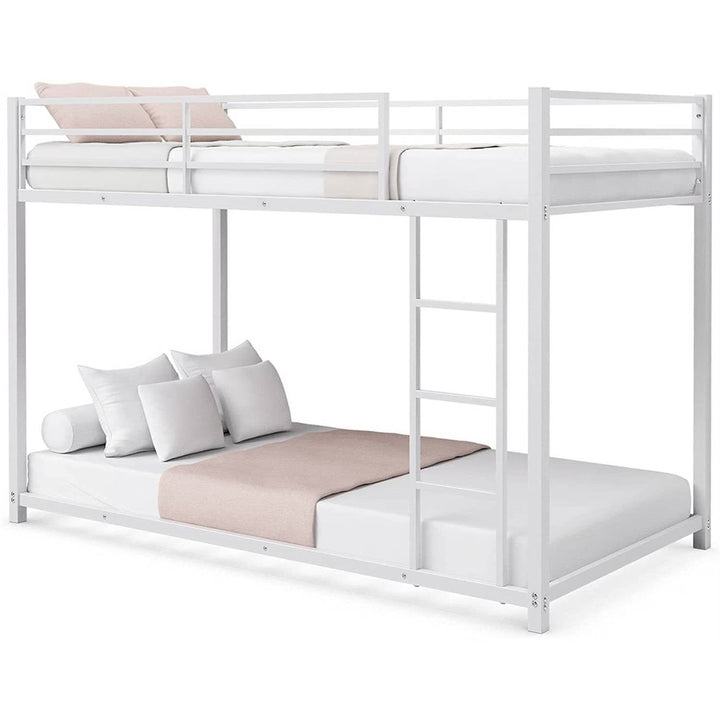 Twin over Twin Low Profile Modern Bunk Bed Frame in White Metal Finish Image 1