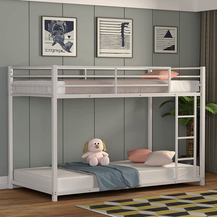 Twin over Twin Low Profile Modern Bunk Bed Frame in White Metal Finish Image 3