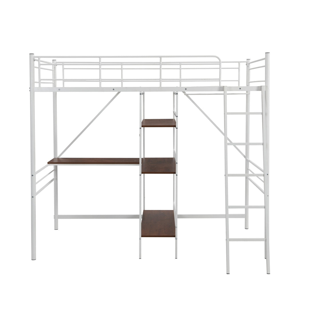 White Twin Size Metal Loft Bed With Desk and Shelves Image 7