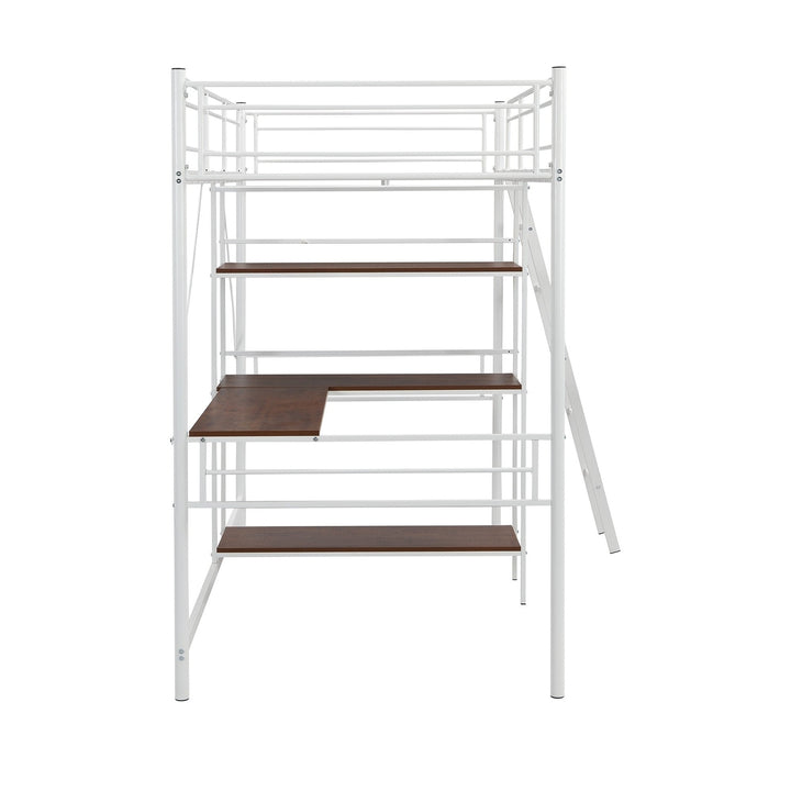 White Twin Size Metal Loft Bed With Desk and Shelves Image 9