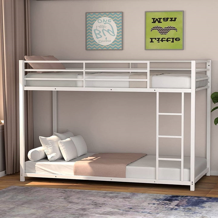 Twin over Twin Low Profile Modern Bunk Bed Frame in White Metal Finish Image 4