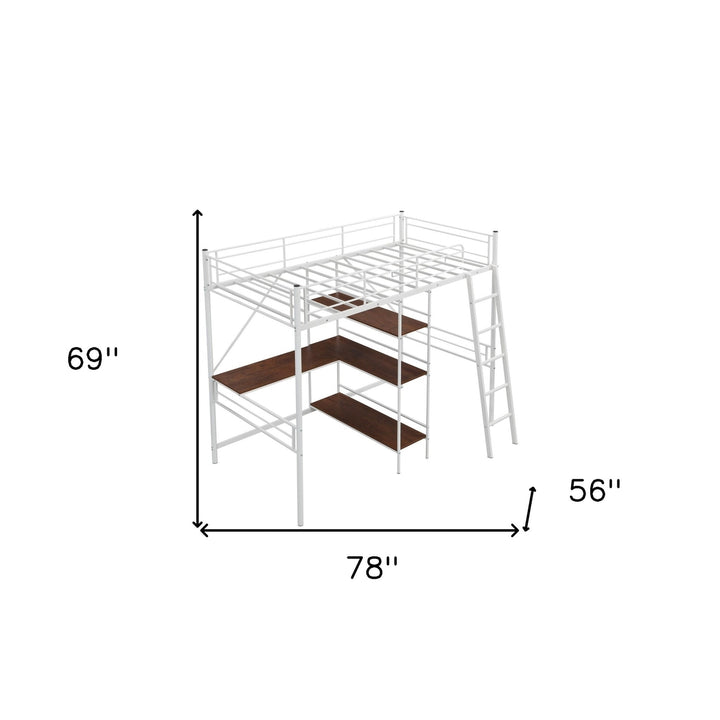 White Twin Size Metal Loft Bed With Desk and Shelves Image 10