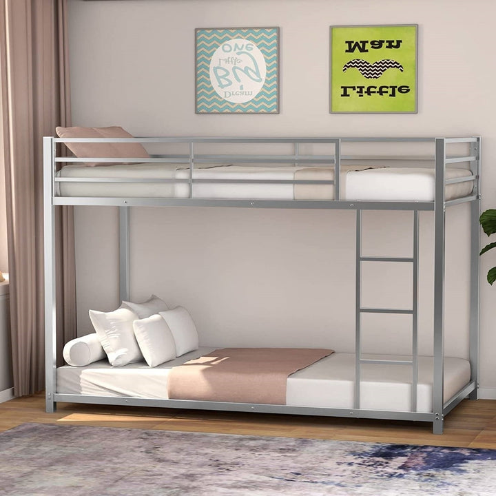 Twin over Twin Low Profile Modern Bunk Bed in Silver Metal Finish Image 2