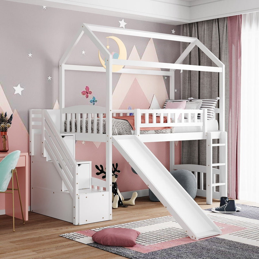 White Twin Size Playhouse Loft Bed With Drawers and Slide Image 1