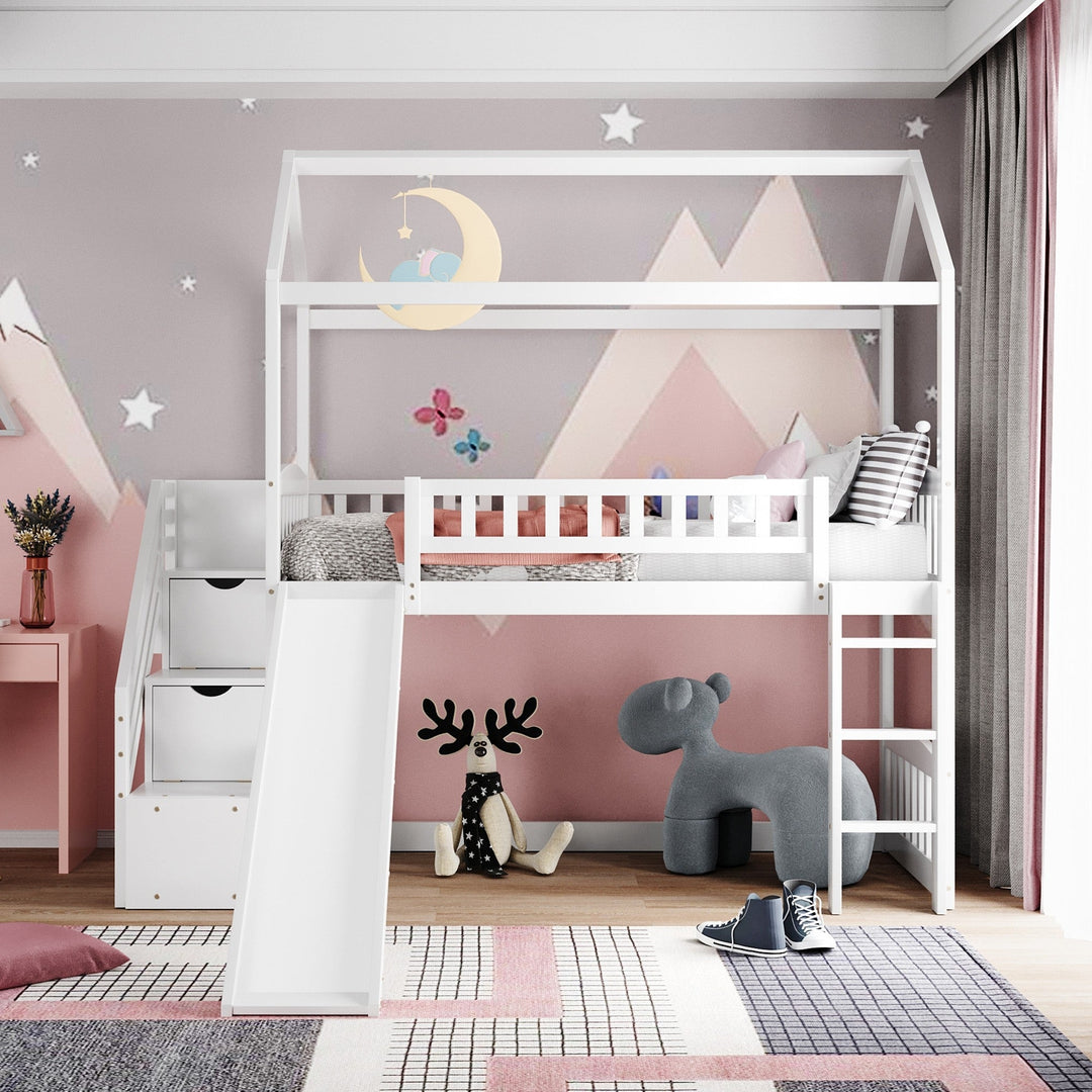 White Twin Size Playhouse Loft Bed With Drawers and Slide Image 2