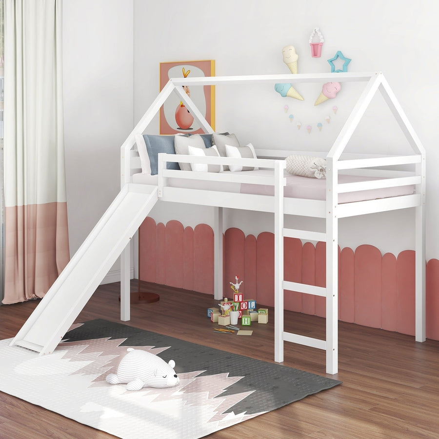 White Twin Size Slide House Loft Bed Image 1