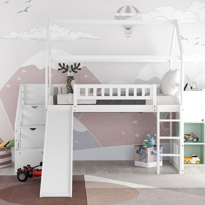 White Twin Size Playhouse Loft Bed With Drawers and Slide Image 3