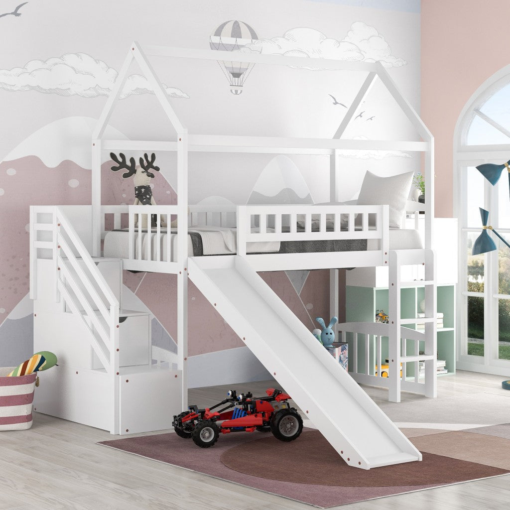 White Twin Size Playhouse Loft Bed With Drawers and Slide Image 4