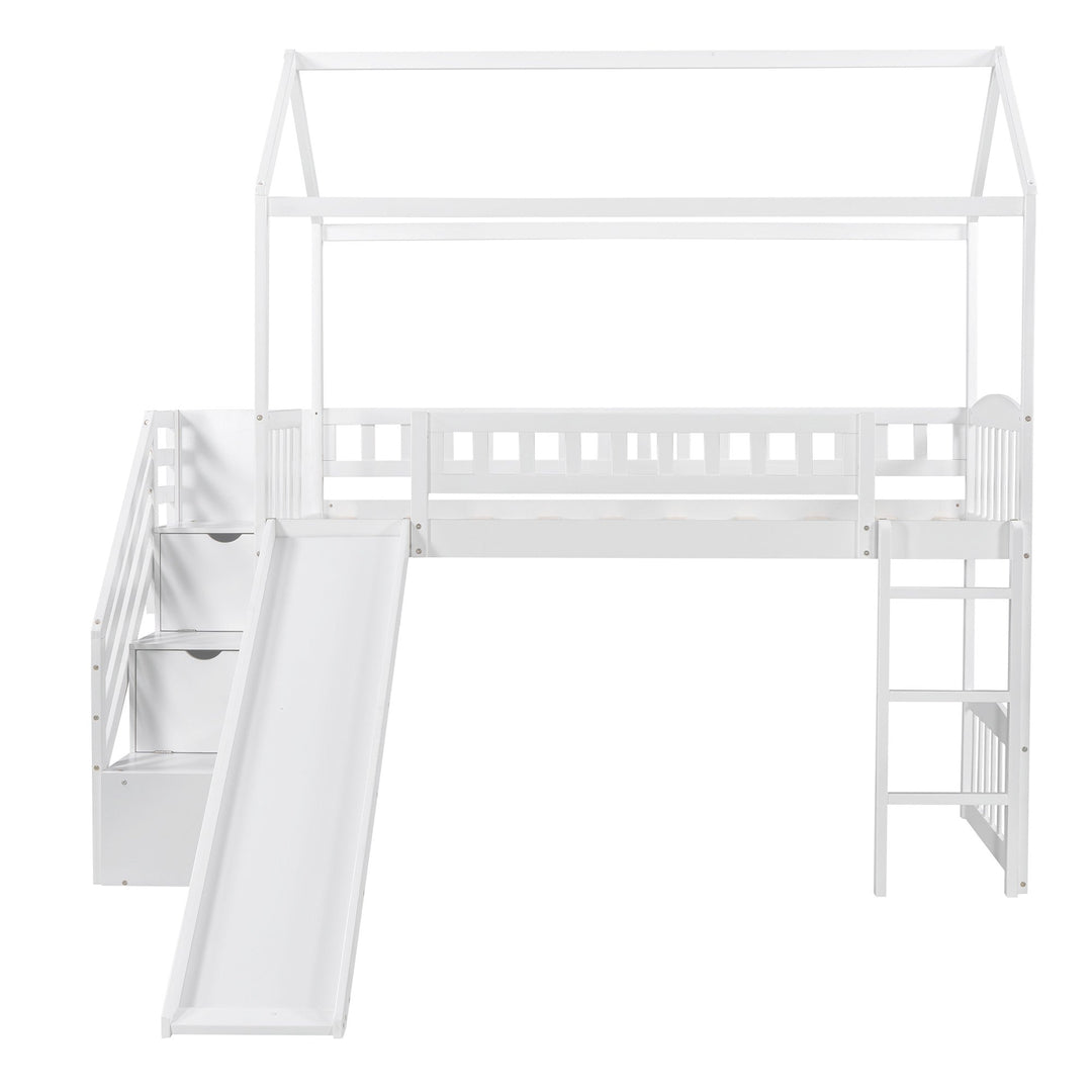 White Twin Size Playhouse Loft Bed With Drawers and Slide Image 5