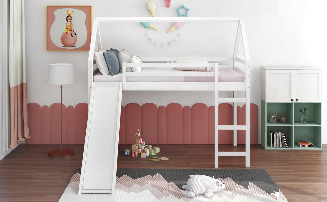 White Twin Size Slide House Loft Bed Image 2