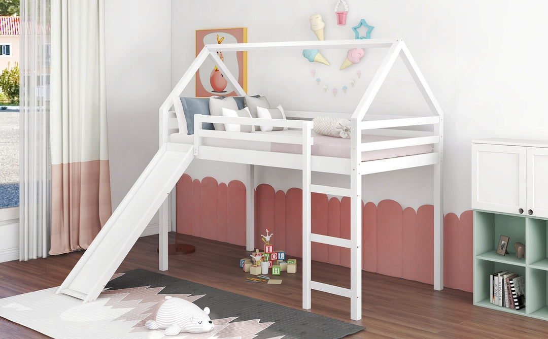 White Twin Size Slide House Loft Bed Image 3