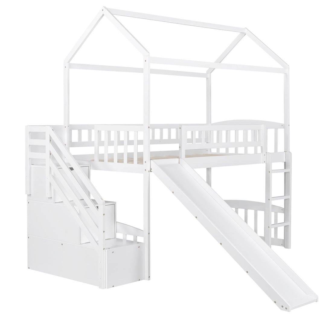 White Twin Size Playhouse Loft Bed With Drawers and Slide Image 6