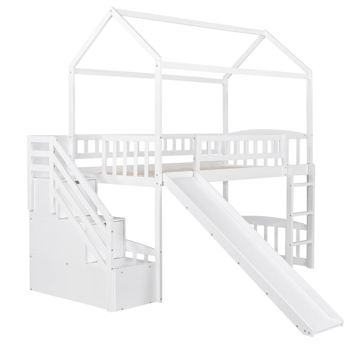 White Twin Size Playhouse Loft Bed With Drawers and Slide Image 6