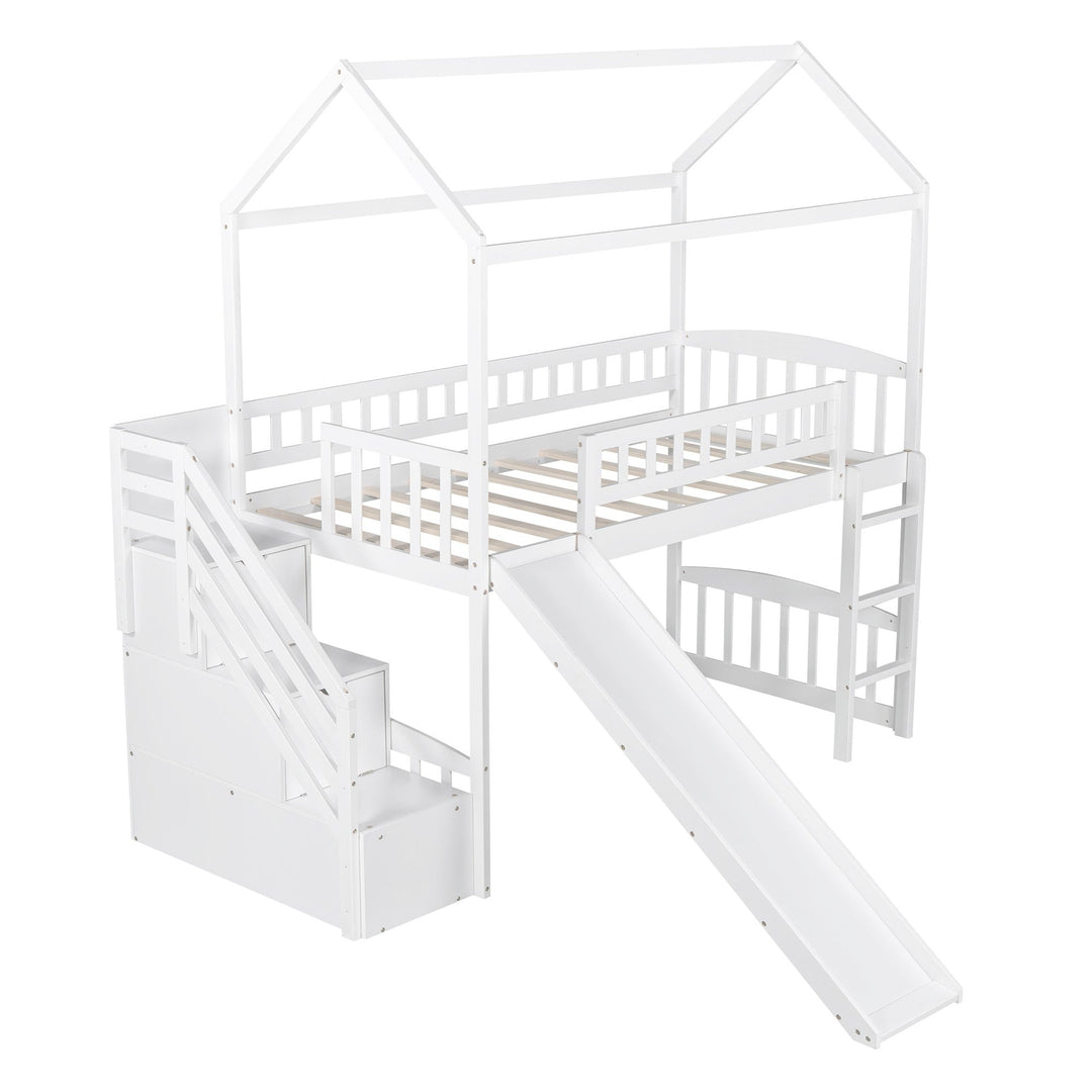 White Twin Size Playhouse Loft Bed With Drawers and Slide Image 7