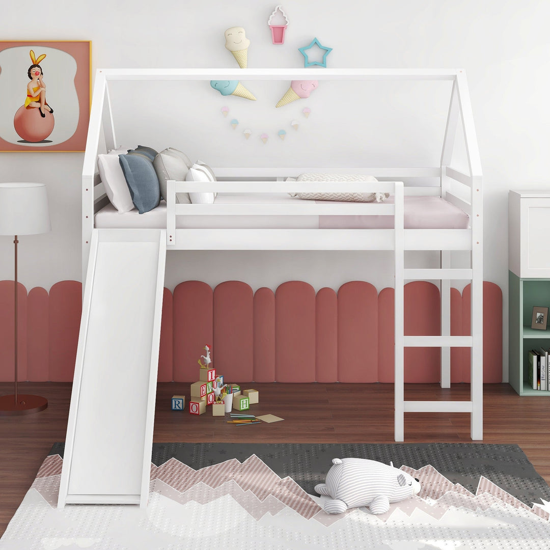 White Twin Size Slide House Loft Bed Image 4