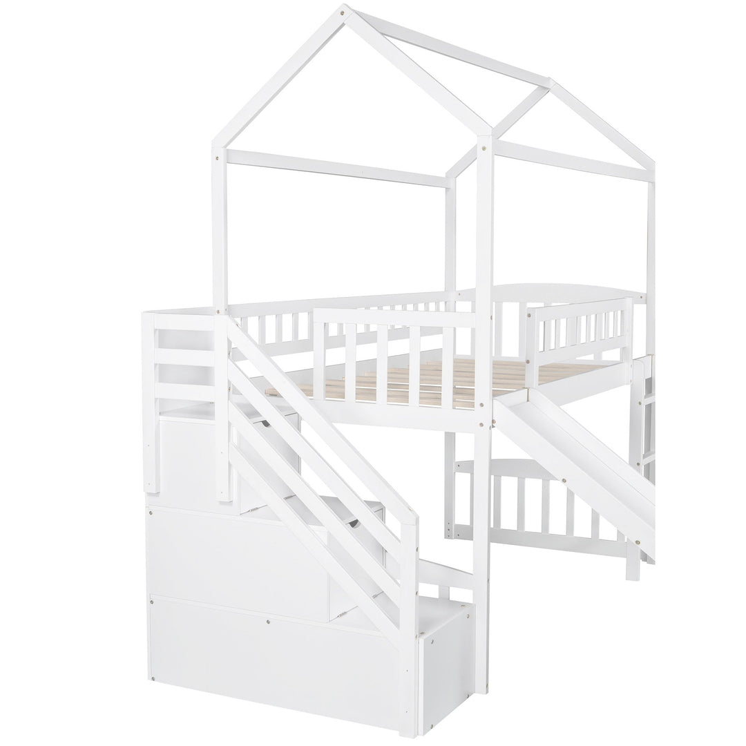 White Twin Size Playhouse Loft Bed With Drawers and Slide Image 8