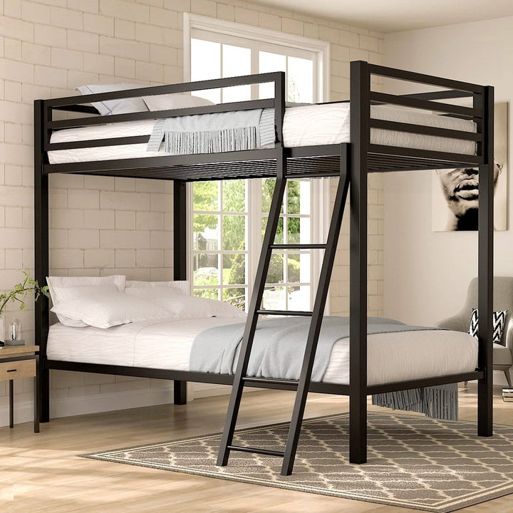 Twin over Twin Modern Metal Bunk Bed Frame in Black Finish with Ladder Image 2