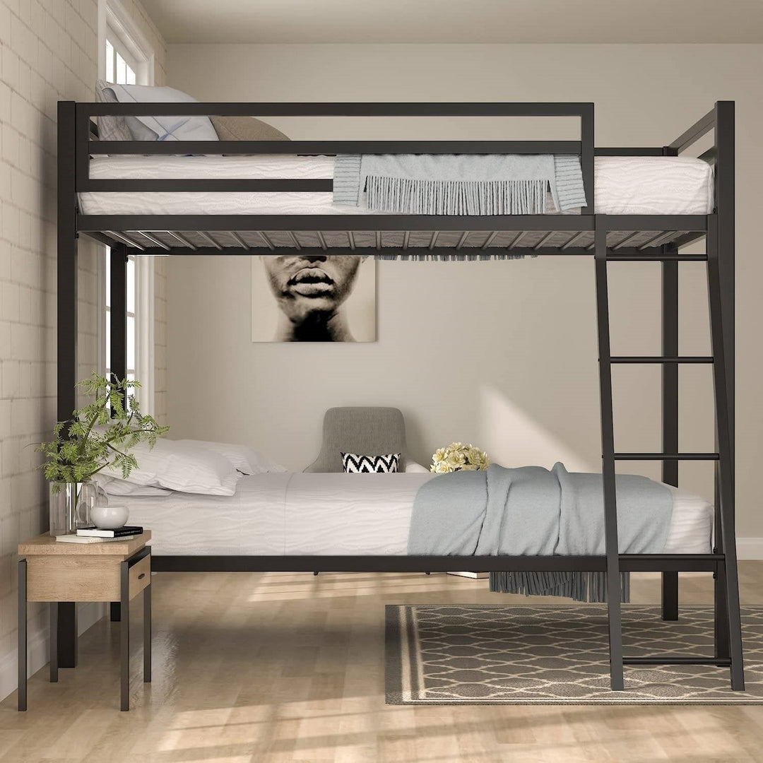 Twin over Twin Modern Metal Bunk Bed Frame in Black Finish with Ladder Image 4