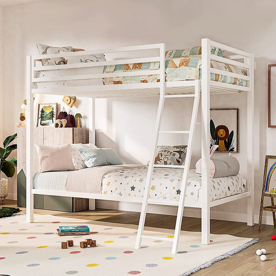 Twin over Twin Modern Metal Bunk Bed Frame in White with Ladder Image 1