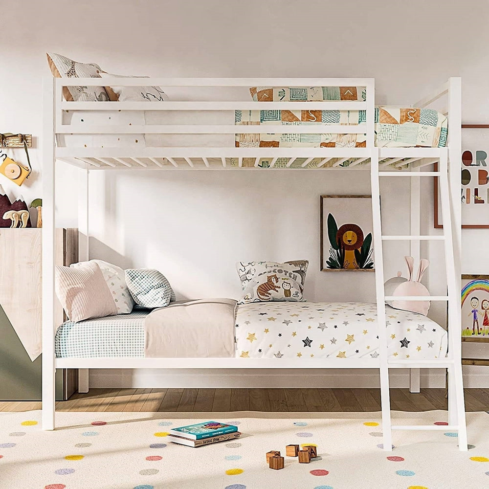 Twin over Twin Modern Metal Bunk Bed Frame in White with Ladder Image 2