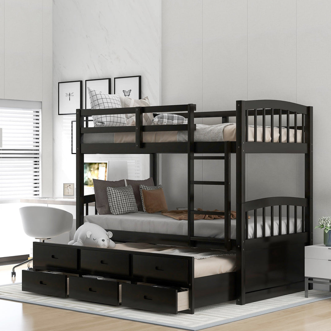 Twin over Twin Wood Bunk Bed Trundle Drawers Espresso Image 1