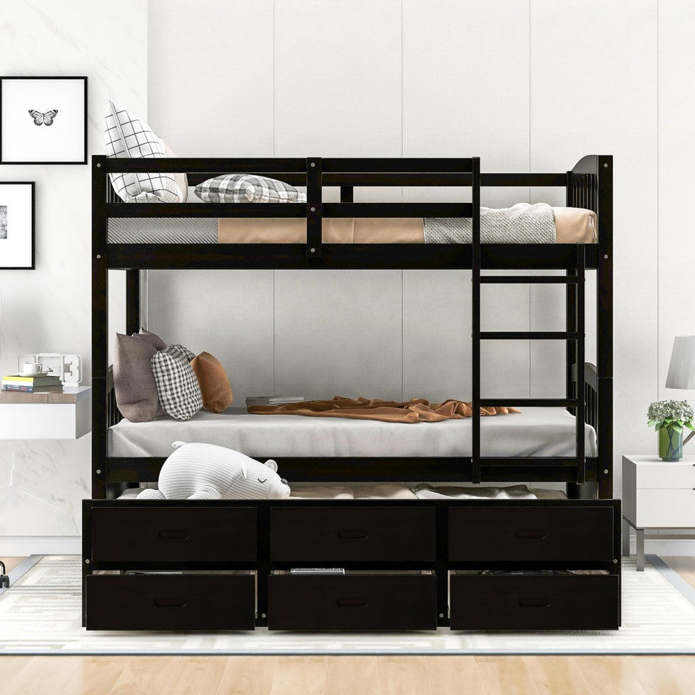 Twin over Twin Wood Bunk Bed Trundle Drawers Espresso Image 2