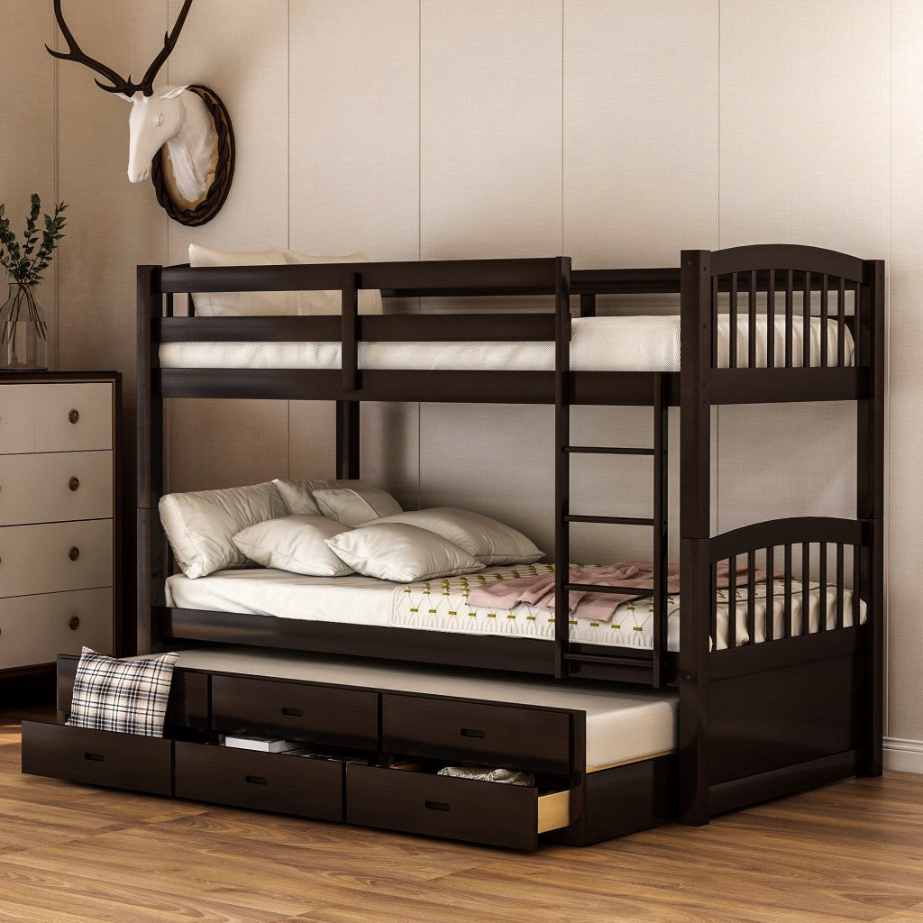 Twin over Twin Wood Bunk Bed Trundle Drawers Espresso Image 4