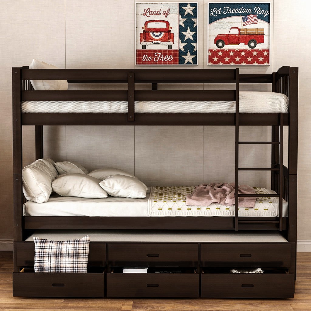 Twin over Twin Wood Bunk Bed Trundle Drawers Espresso Image 5