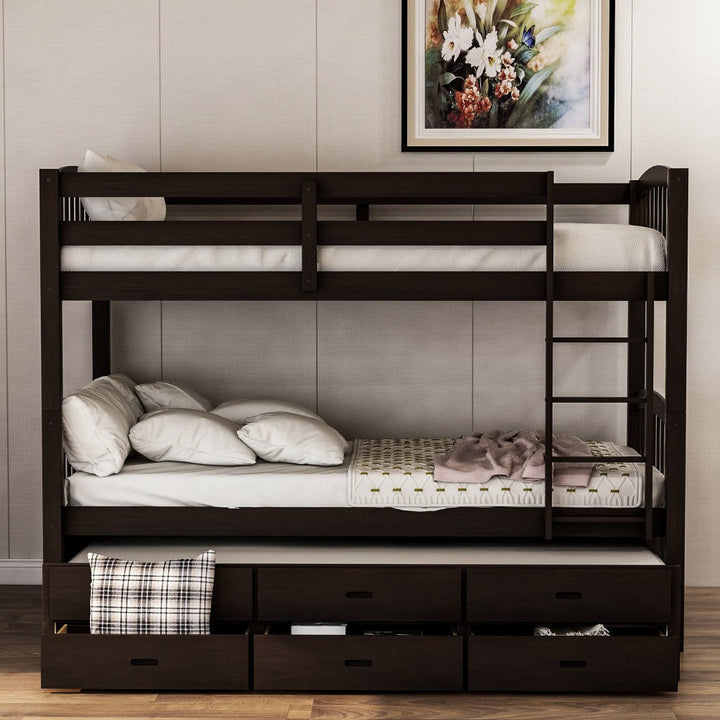 Twin over Twin Wood Bunk Bed Trundle Drawers Espresso Image 6