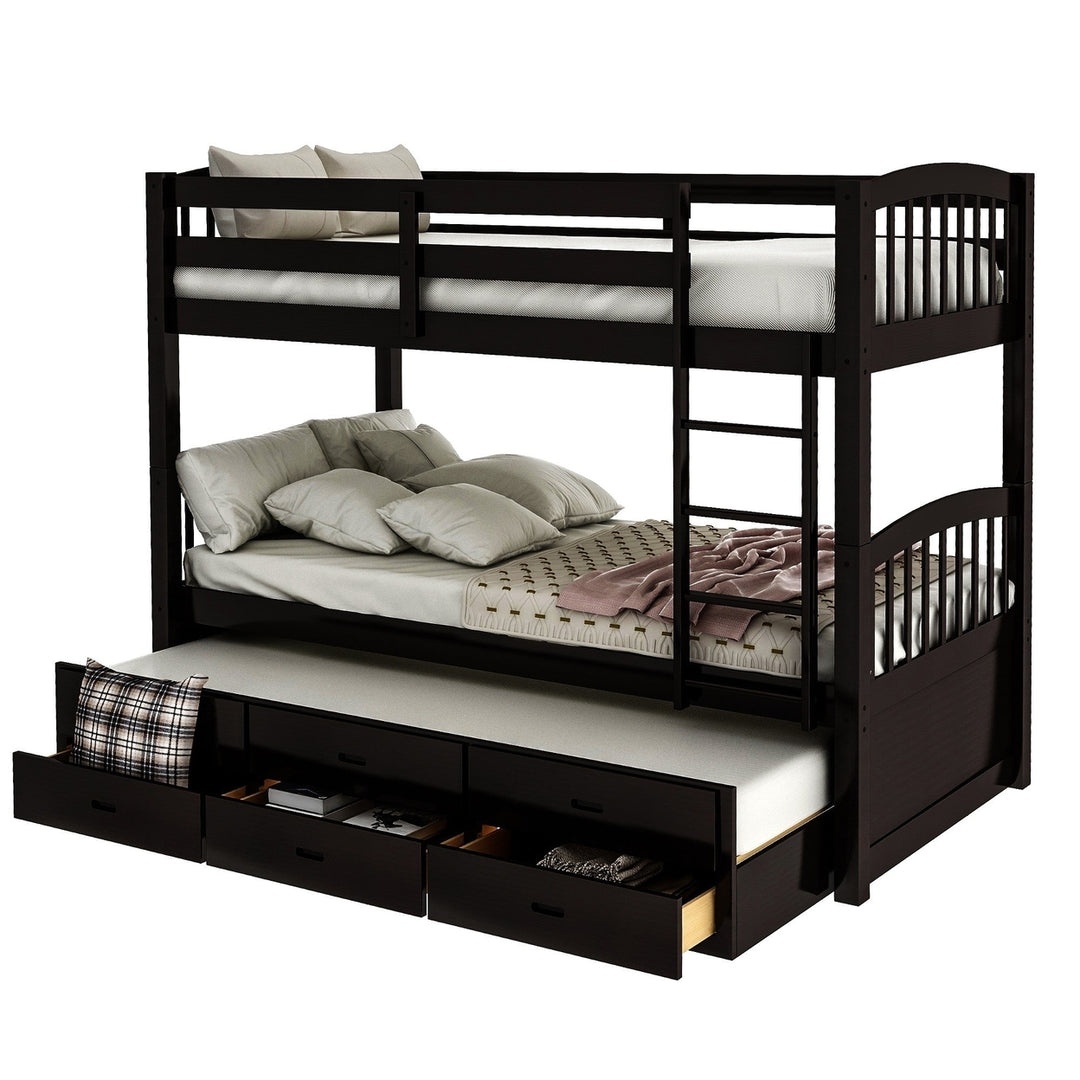 Twin over Twin Wood Bunk Bed Trundle Drawers Espresso Image 7