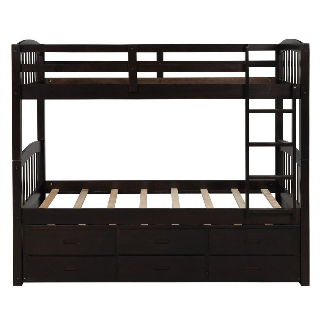 Twin over Twin Wood Bunk Bed Trundle Drawers Espresso Image 8