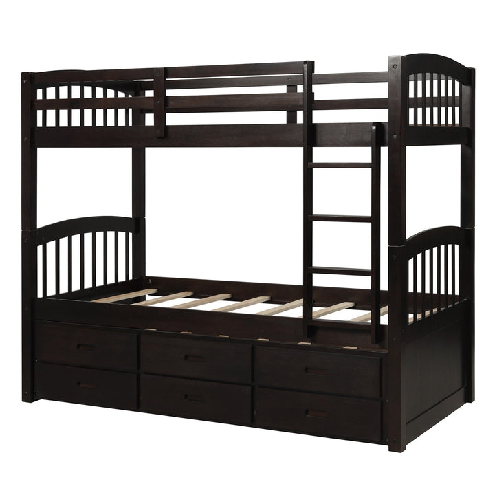 Twin over Twin Wood Bunk Bed Trundle Drawers Espresso Image 9