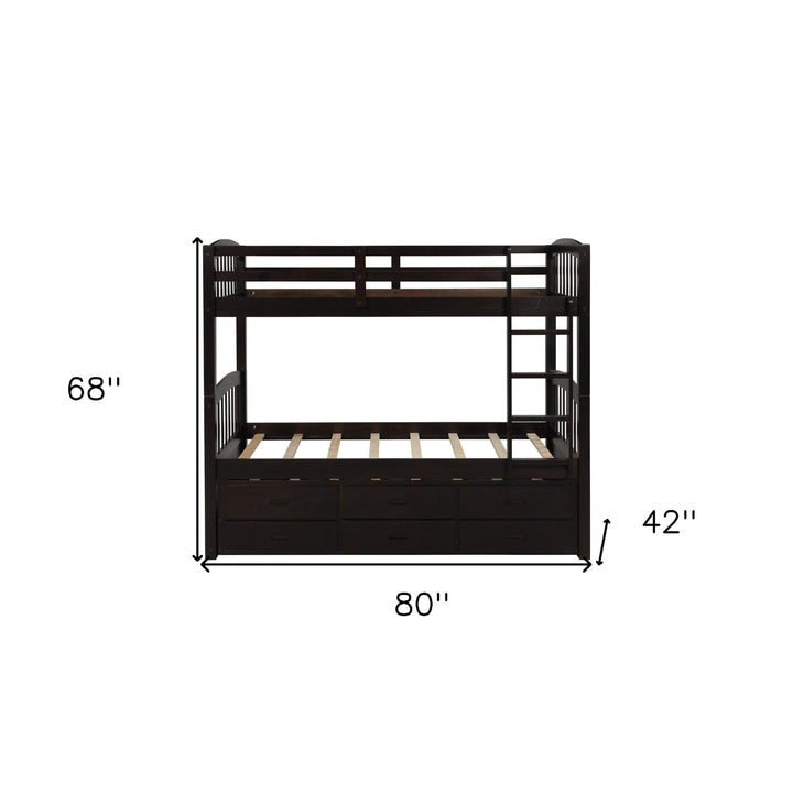 Twin over Twin Wood Bunk Bed Trundle Drawers Espresso Image 10