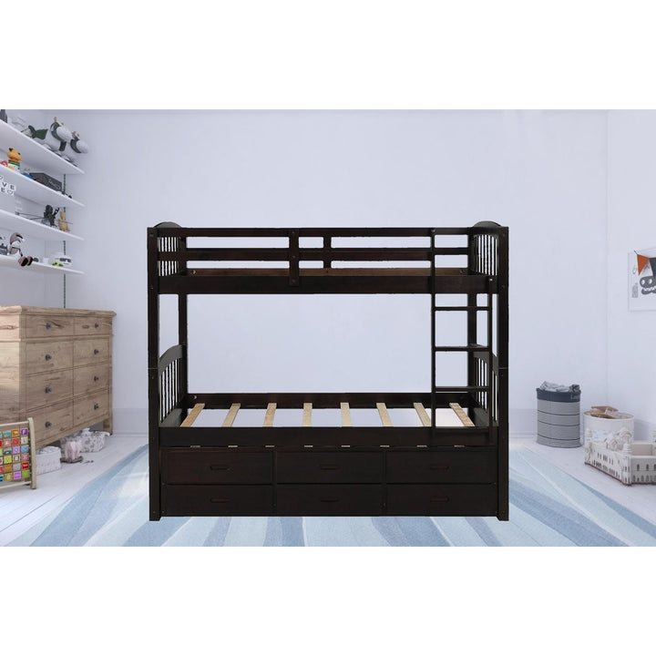 Twin over Twin Wood Bunk Bed Trundle Drawers Espresso Image 11