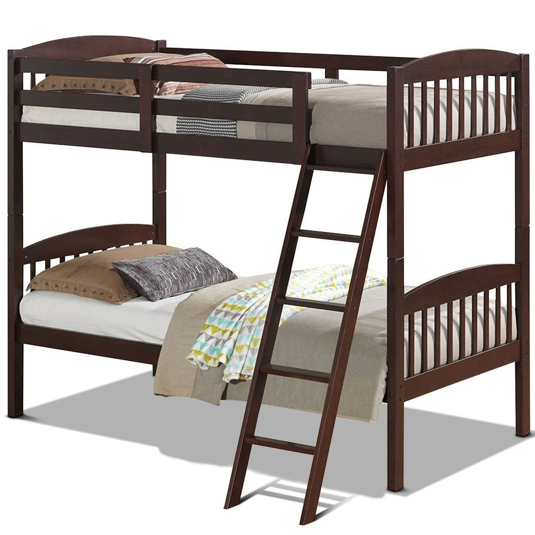 Twin over Twin Wooden Bunk Bed with Ladder in Dark Brown Finish Image 1