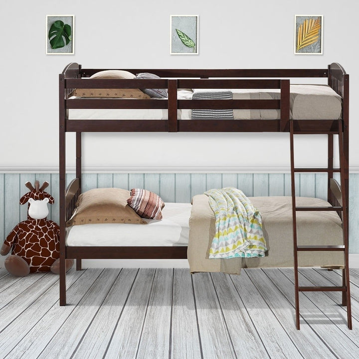 Twin over Twin Wooden Bunk Bed with Ladder in Dark Brown Finish Image 2