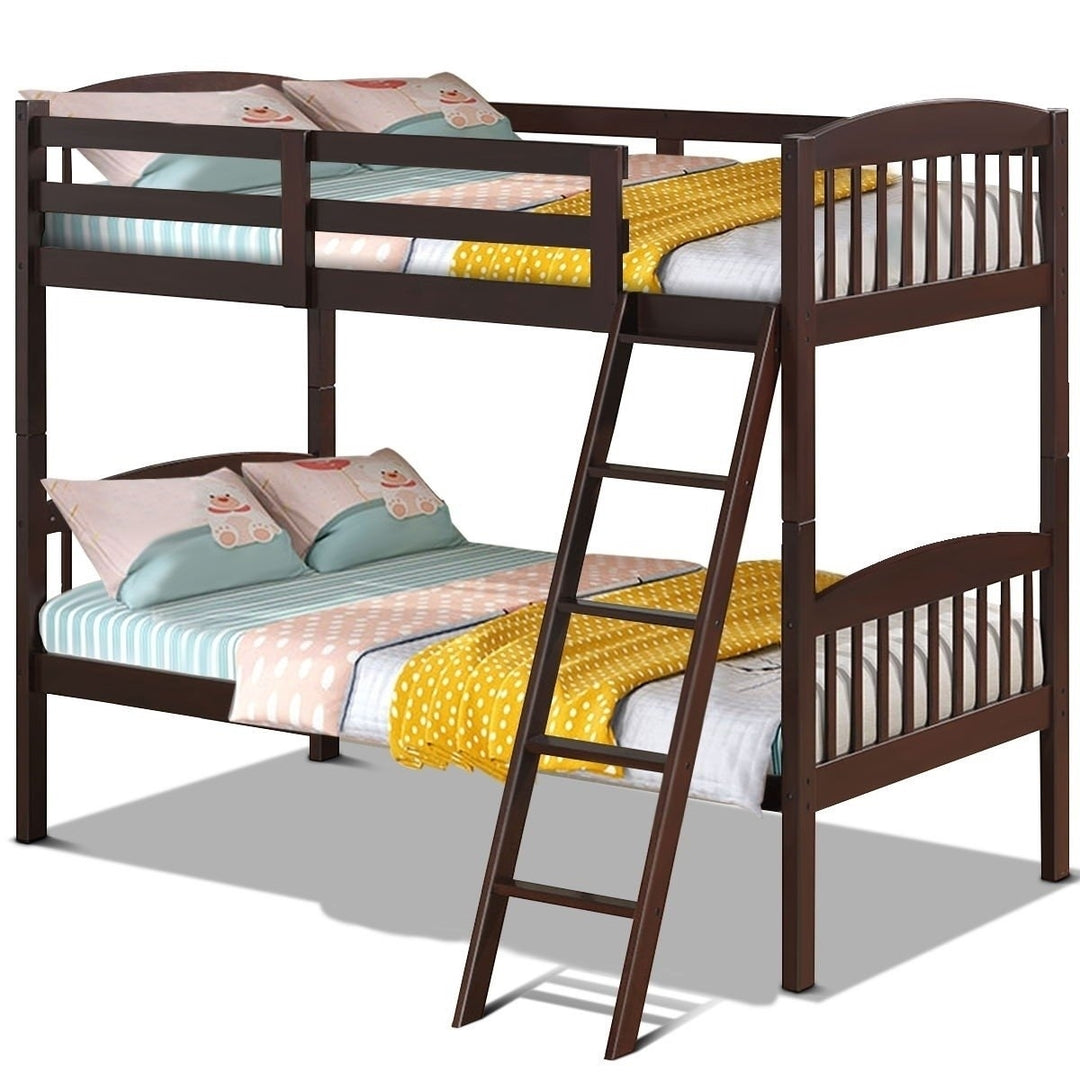 Twin over Twin Wooden Bunk Bed with Ladder in Dark Brown Finish Image 4