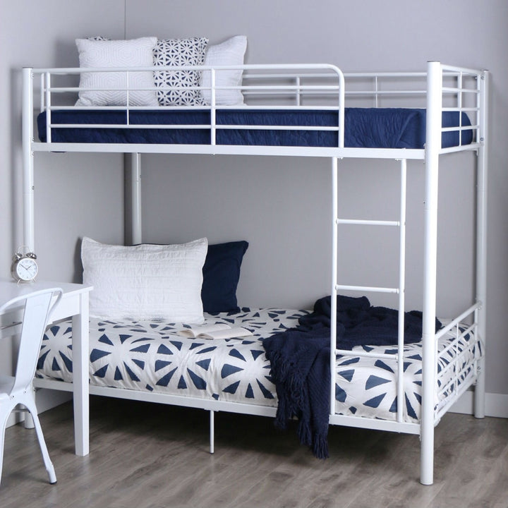 Twin over Twin Sturdy Steel Metal Bunk Bed in White Finish Image 1