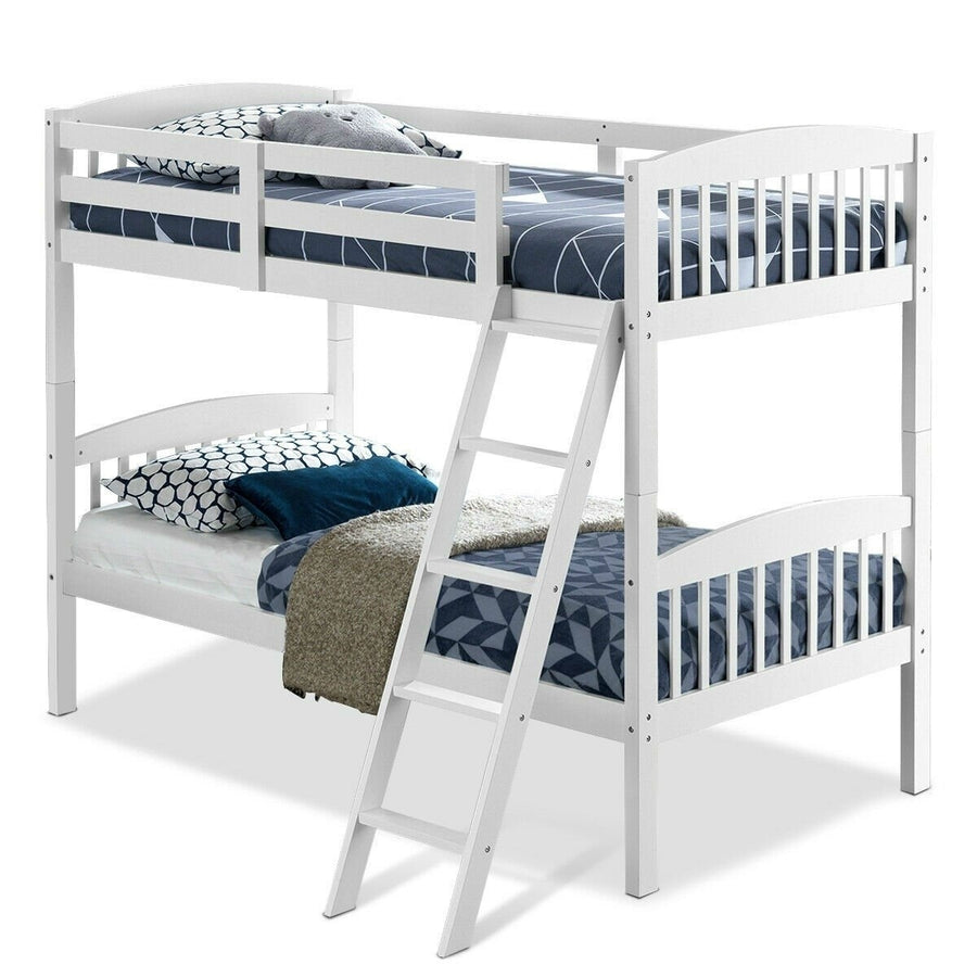 Twin over Twin Wooden Bunk Bed with Ladder in White Wood Finish Image 1