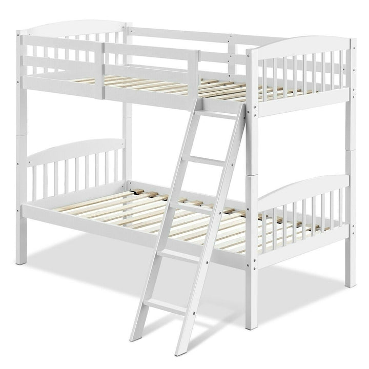 Twin over Twin Wooden Bunk Bed with Ladder in White Wood Finish Image 3