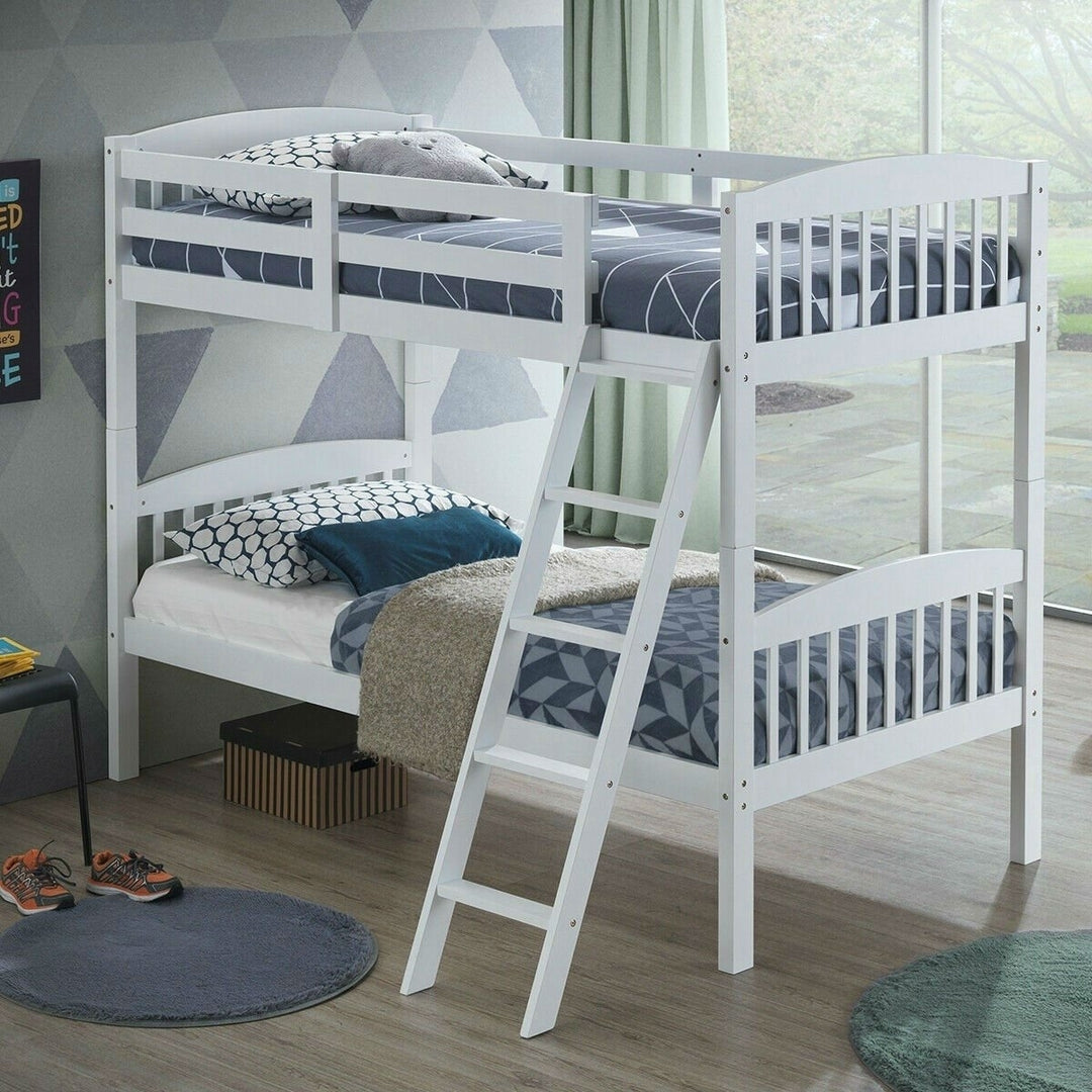 Twin over Twin Wooden Bunk Bed with Ladder in White Wood Finish Image 4