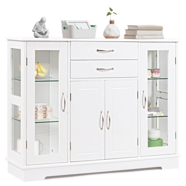 White Wood Buffet Sideboard Cabinet with Glass Display Doors Image 1