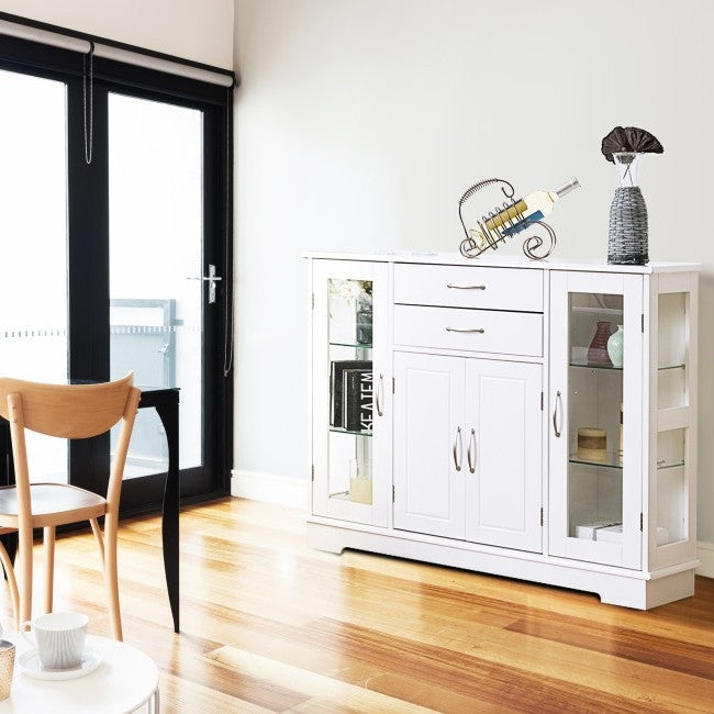 White Wood Buffet Sideboard Cabinet with Glass Display Doors Image 3