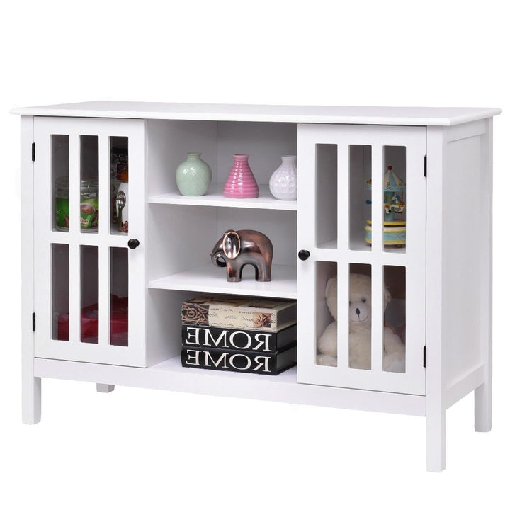 White Wood Sofa Table Console Cabinet with Tempered Glass Panel Doors Image 1