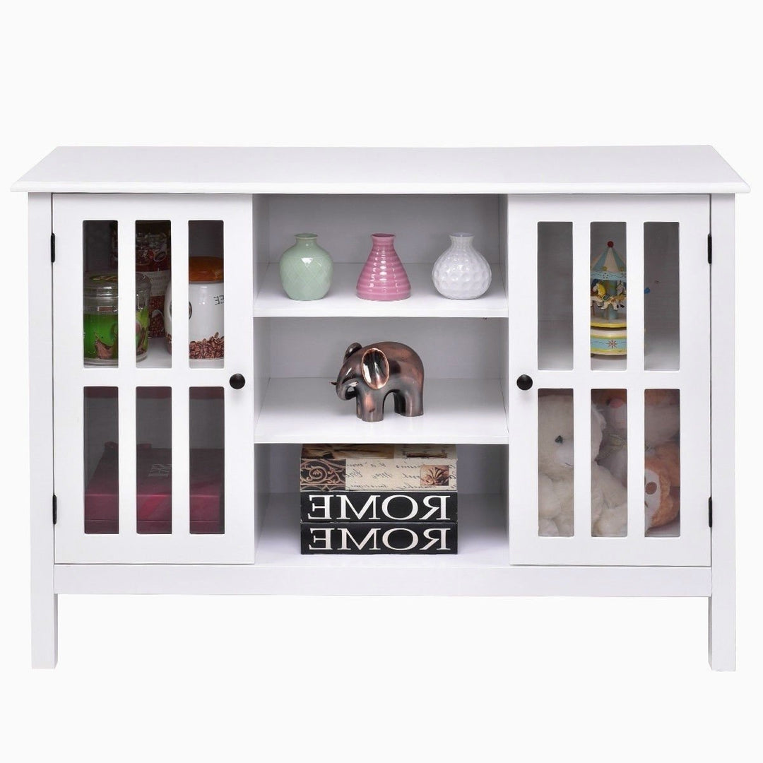 White Wood Sofa Table Console Cabinet with Tempered Glass Panel Doors Image 2