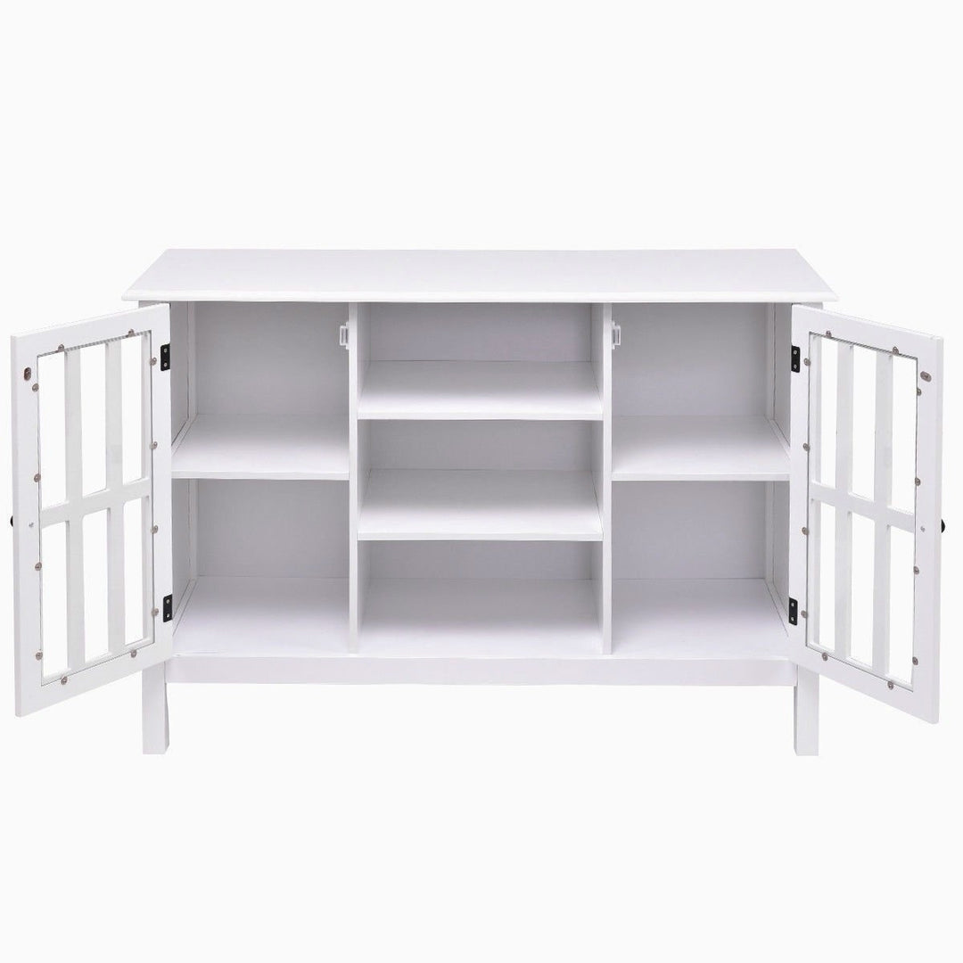 White Wood Sofa Table Console Cabinet with Tempered Glass Panel Doors Image 5