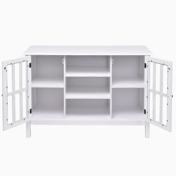 White Wood Sofa Table Console Cabinet with Tempered Glass Panel Doors Image 5