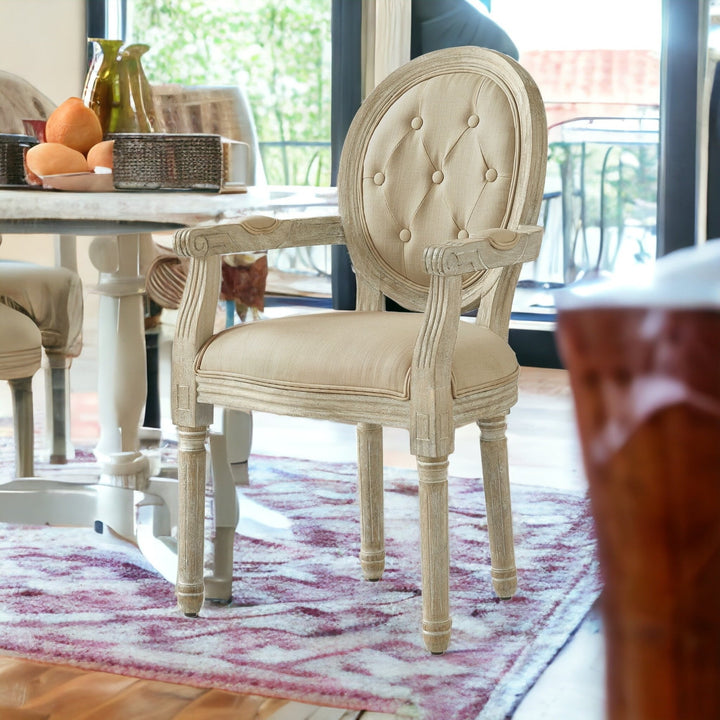 Tufted Gray and Brown Upholstered Linen Dining Arm Chair Image 2