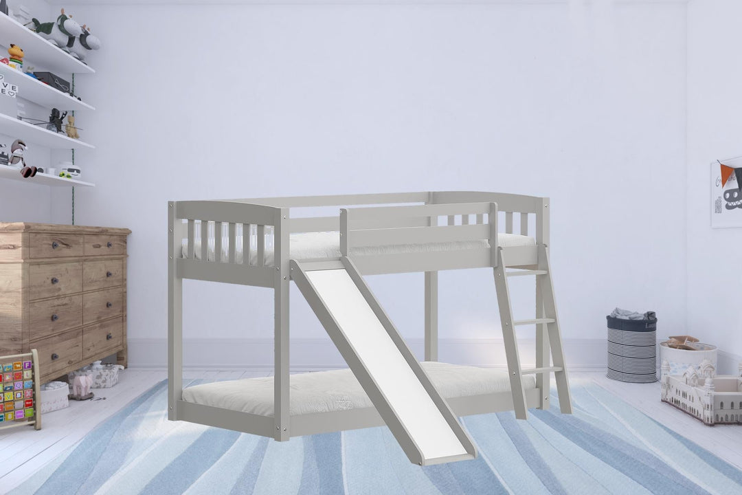 White Twin over Twin Solid Wood Bunk Bed With Slide and Ladder Image 3