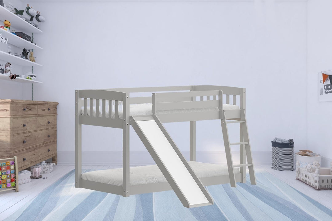 White Twin over Twin Solid Wood Bunk Bed With Slide and Ladder Image 1